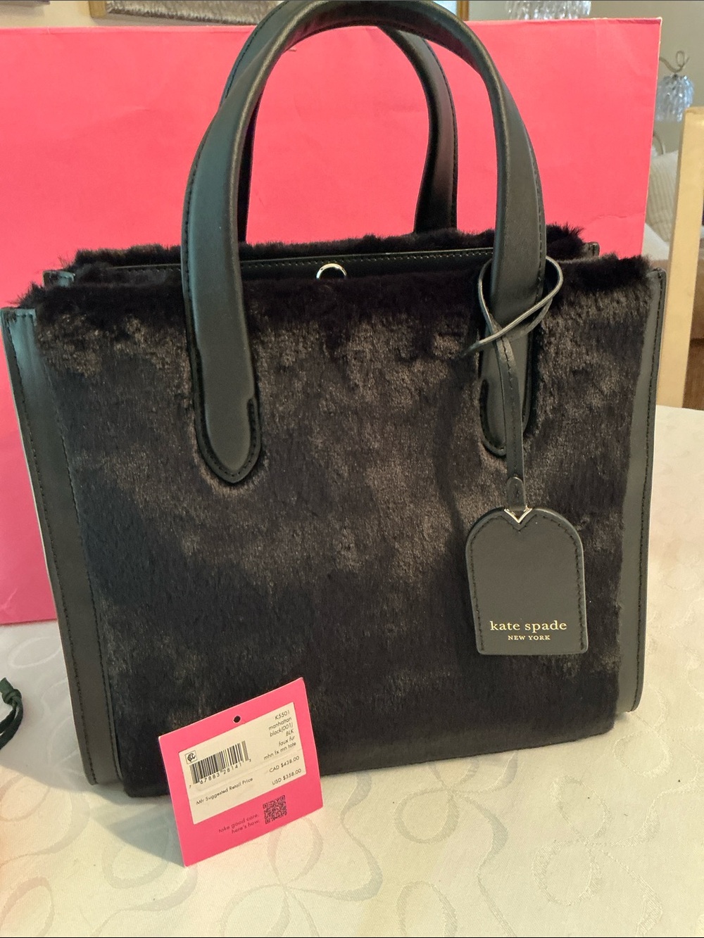 KATE SPADE ♠️ NWT Manhattan  Black Faux-Fur, Handle Satchel, 2 way, Dustbag